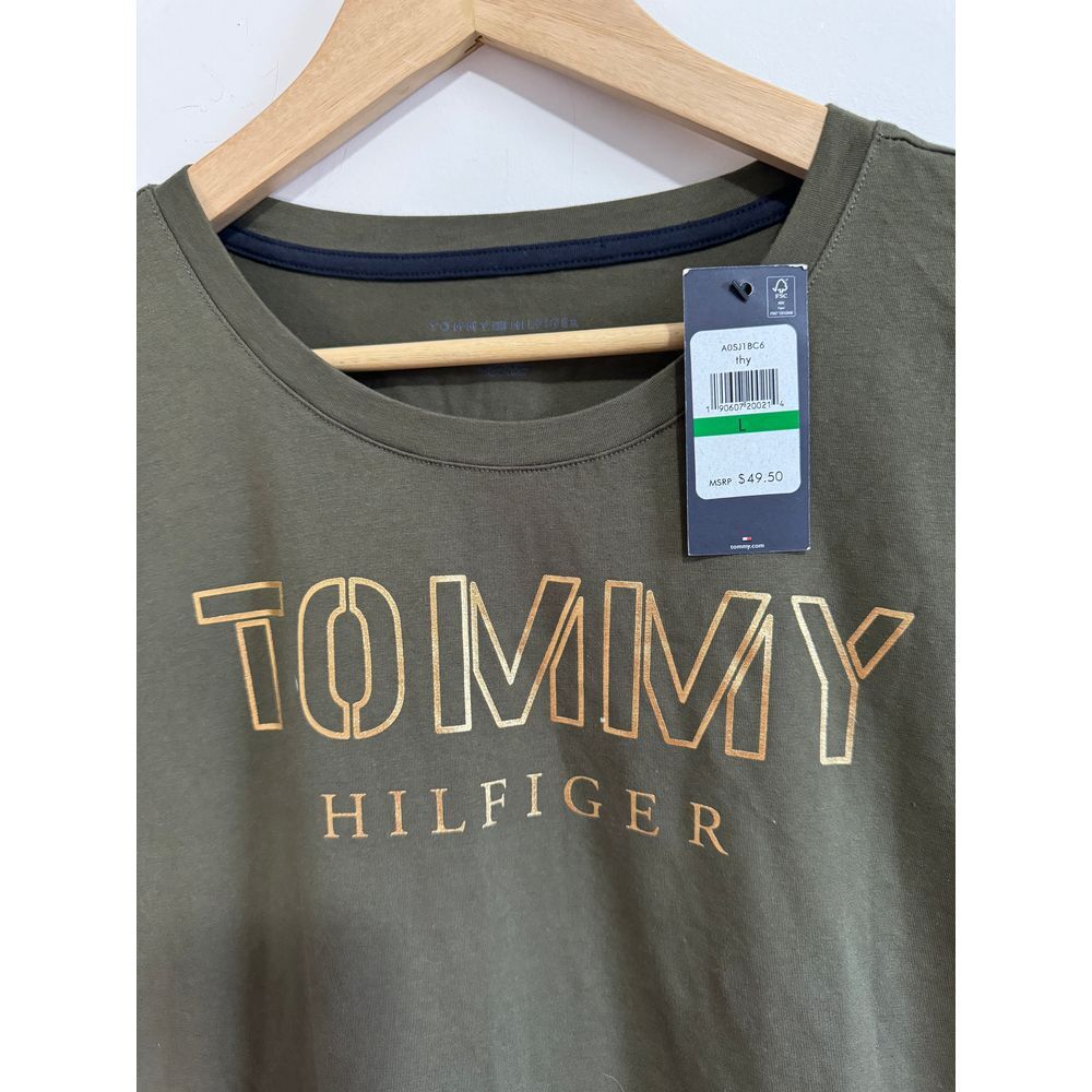Tommy Hilfigure Army Green tshirt dress gold spellout logo NEW with‎ tags